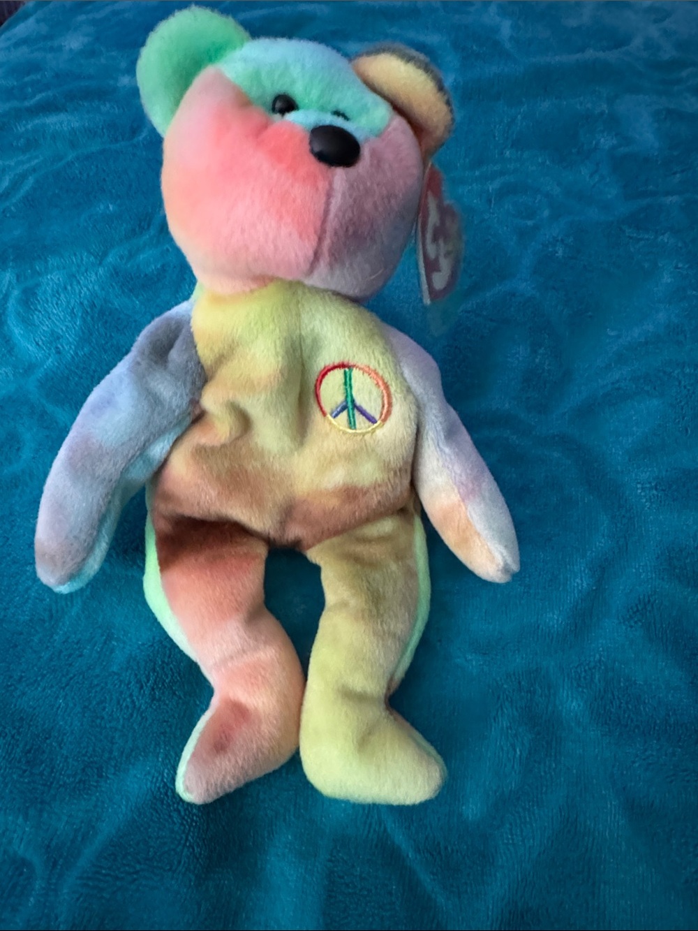 Ty Multicolor Tie-Dye “Peace”Bear Plush - Pastel Rainbow